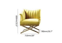 Yellow velvet upholstered accent chair with gold legs, stylish armchair for modern interior design