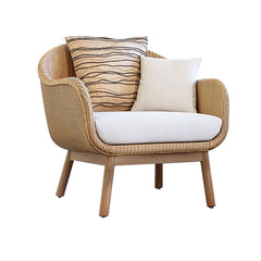 Rope woven patio lounge armchair with solid wood frame and brick cushion pillow in khaki color