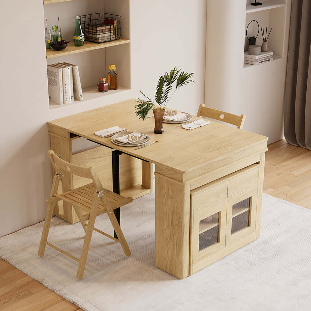 Modern extendable dining table with 4 chairs and rectangle storage sideboard in elegant walnut and gray finish