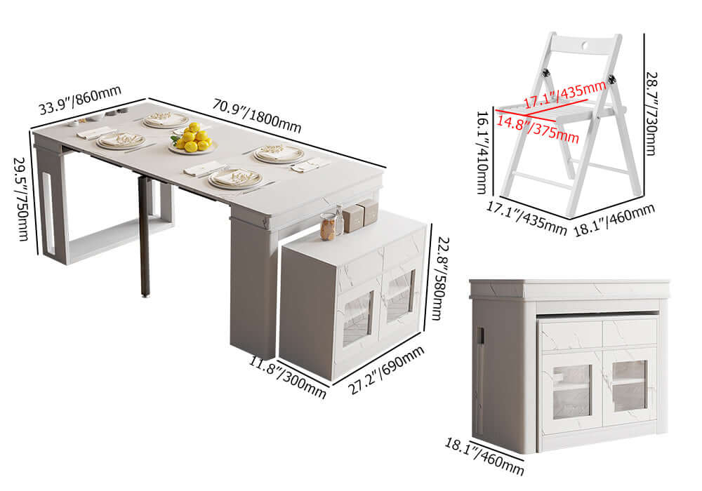 Modern extendable dining table with 4 chairs and rectangle storage sideboard in elegant walnut and gray finish