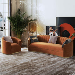 Elegant 88.6-inch curved velvet sofa in orange for modern living room