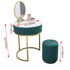 Modern makeup vanity set with soft velvet upholstery and included mirror and stool