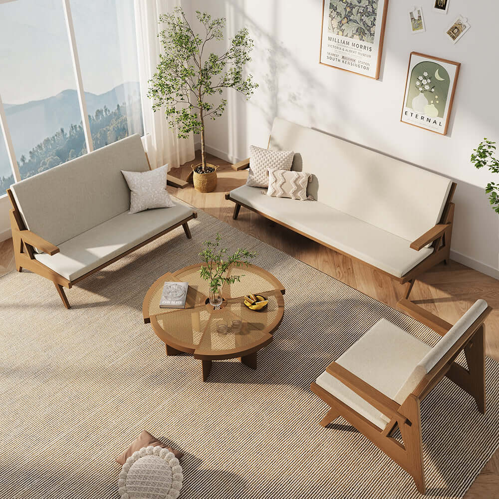 Rattan and Ash Wood Living Room Set with White Cushions for Elegant Home Decor メイン画像