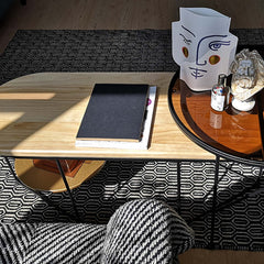 Functional natural solid wood oval coffee table with tea tempered glass side table gold storage