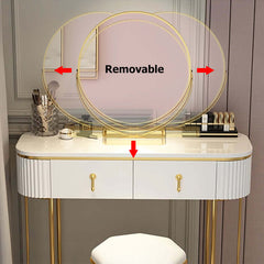 Elegant Nordic White Oval Glossy Makeup Vanity with Rotatable Mirror and Stool