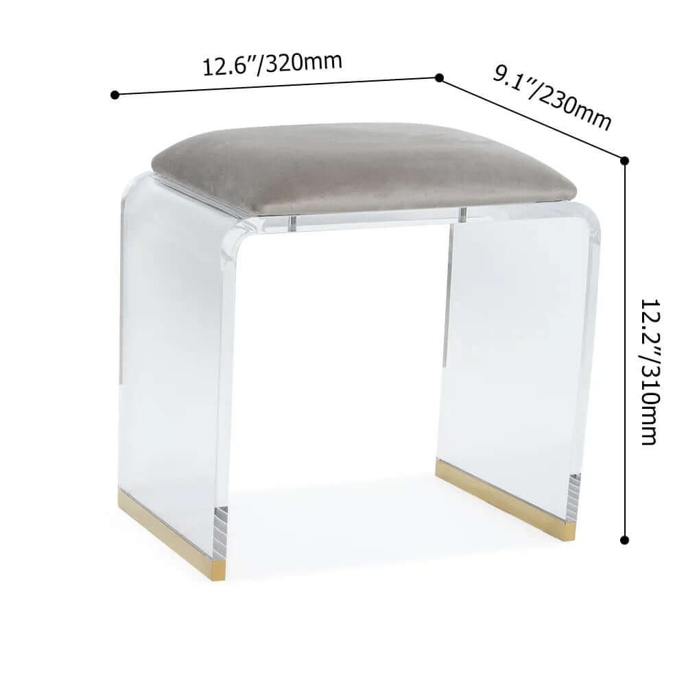 Compact gray acrylic ottoman vanity stool with clear and gold embellishments