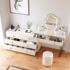 Contemporary white makeup vanity set with 6-drawer cabinet, dressing table, stool, and mirror for home decor