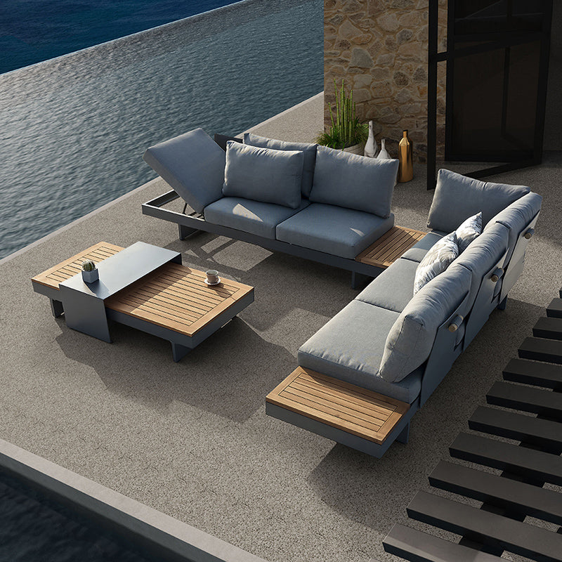 4 Pieces Modern L Shape Teak Outdoor Sectional Sofa Set with Wood Coffee Table in Gray