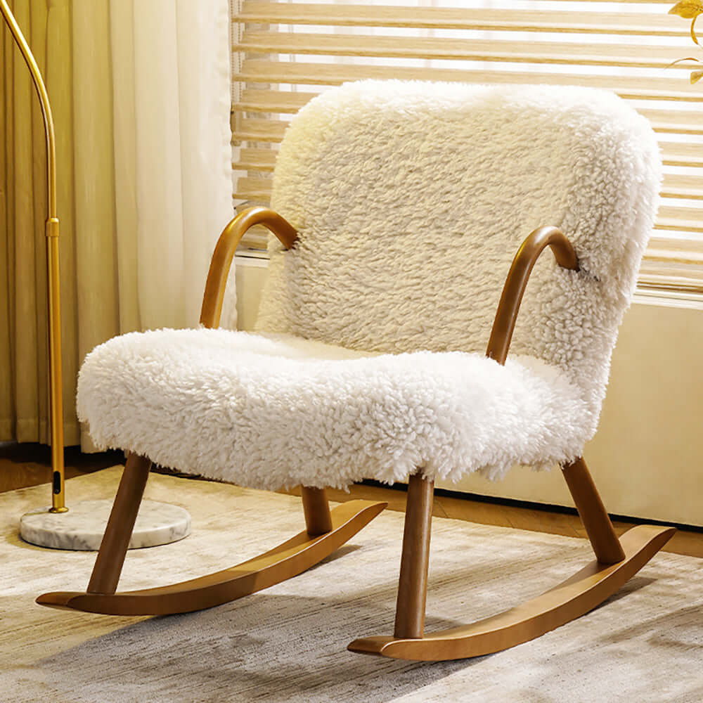 White khaki Gray Boucle Sherpa Upholstery Rocking Chair Solid Wood Accent Chair