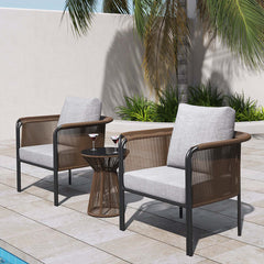 Stylish 3Pcs modern coffee rattan outdoor sofa set with tempered glass top and soft gray cushion