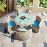 5 Pieces Farmhouse Rattan Outdoor Dining Set with Tempered Glass Table and Chair in Gray
