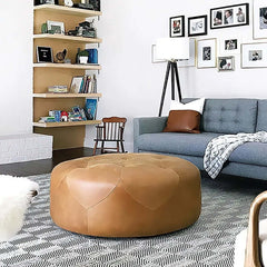 Round Brown Ottoman Stool Upholstered in PU Leather with Tufted Design 35.4 inch Diameter Footrest Furniture