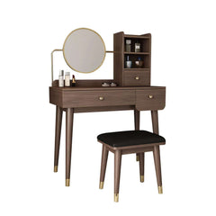 Modern minimalist makeup vanity set with mirror and stool in rich walnut finish