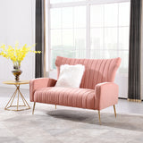 Pink Upholstered Sofa Channel Tufted Wingback Chair Velvet Couch 2Seater Sofa