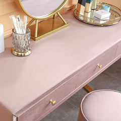 Chic Pink Velvet Upholstered Makeup Vanity Table with Mirror - Elegant and Functional Makeup Station