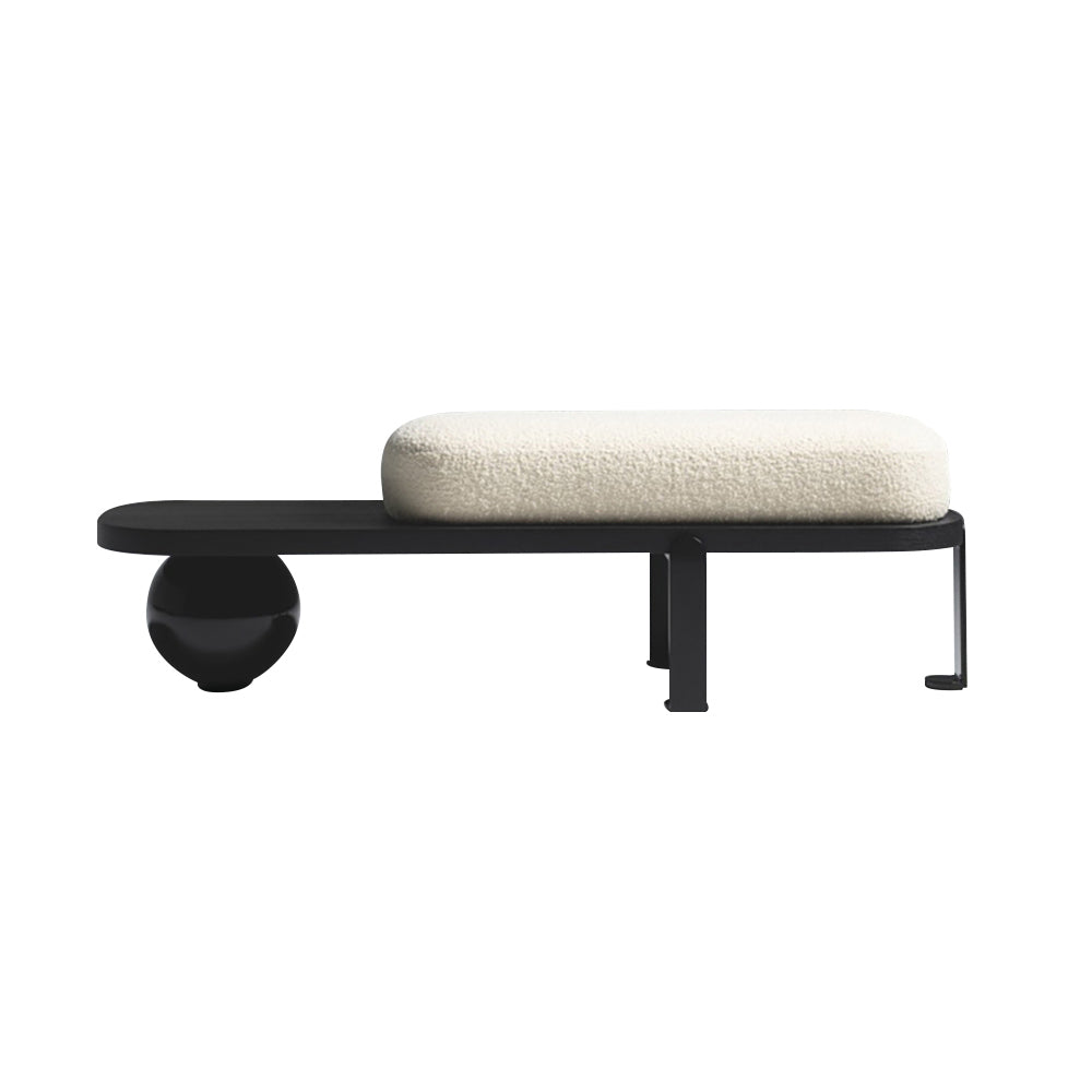 White & Black Wooden Entryway Bench Boucle Sherpa Upholstered with Abstract Metal Legs