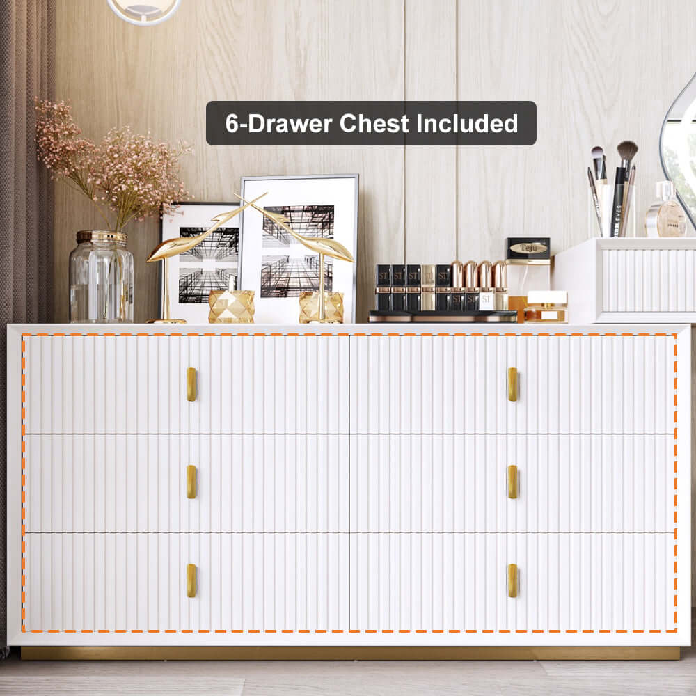 Modern White Makeup Vanity Set with 6Drawer Cabinet Dressing Table with Stool & Mirror Modern White Makeup Vanity Set with 6Drawer Cabinet Dressing Table with Stool & Mirror