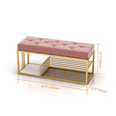 Velvet upholstered pink entryway bench with storage for bedroom or living room decor