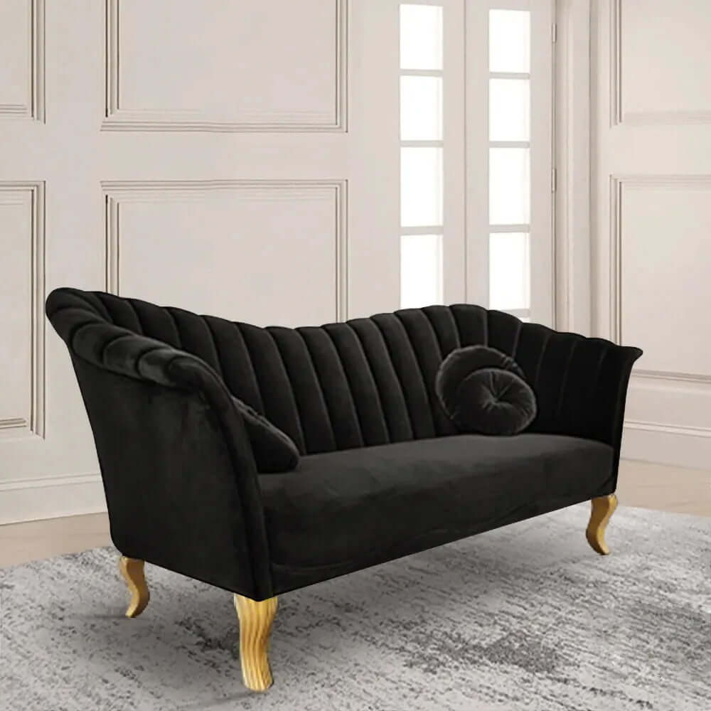 86.6 inch luxurious black velvet upholstered sofa with elegant gold finish メイン画像