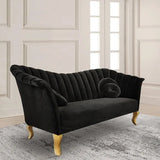86.6" Black Velvet Upholstered Sofa Channel Tufted 3Seater Sofa in Gold