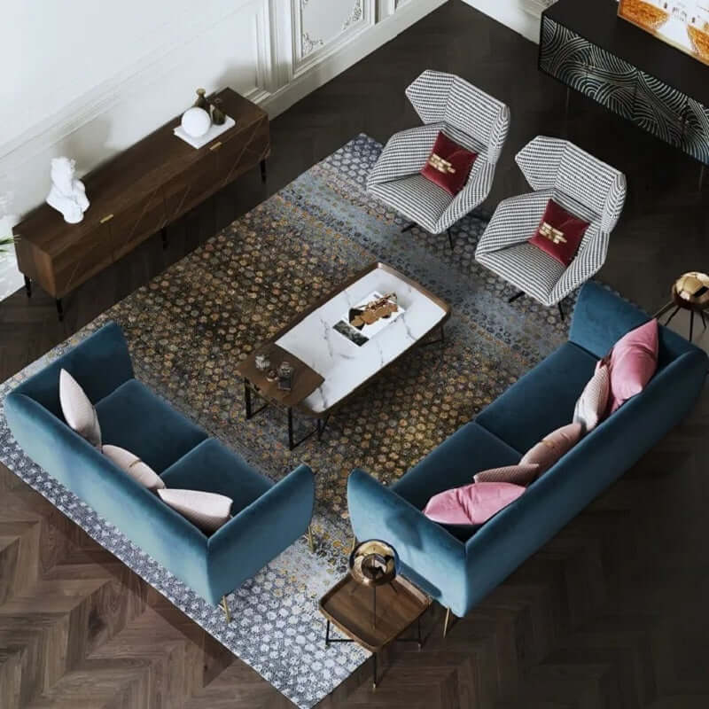 Modern beige velvet sofa with luxurious gold legs and comfortable seating for 3 people