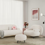 White cream boucle accent chair with matching pouf ottoman for modern lounge seating