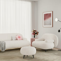 Modern White Cream Boucle Accent Chair with Pouf Ottoman Set Lounge Chair with Footstool