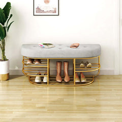 Contemporary upholstered bench with shelf, ideal for modern entryways, featuring a stylish gray and gold design