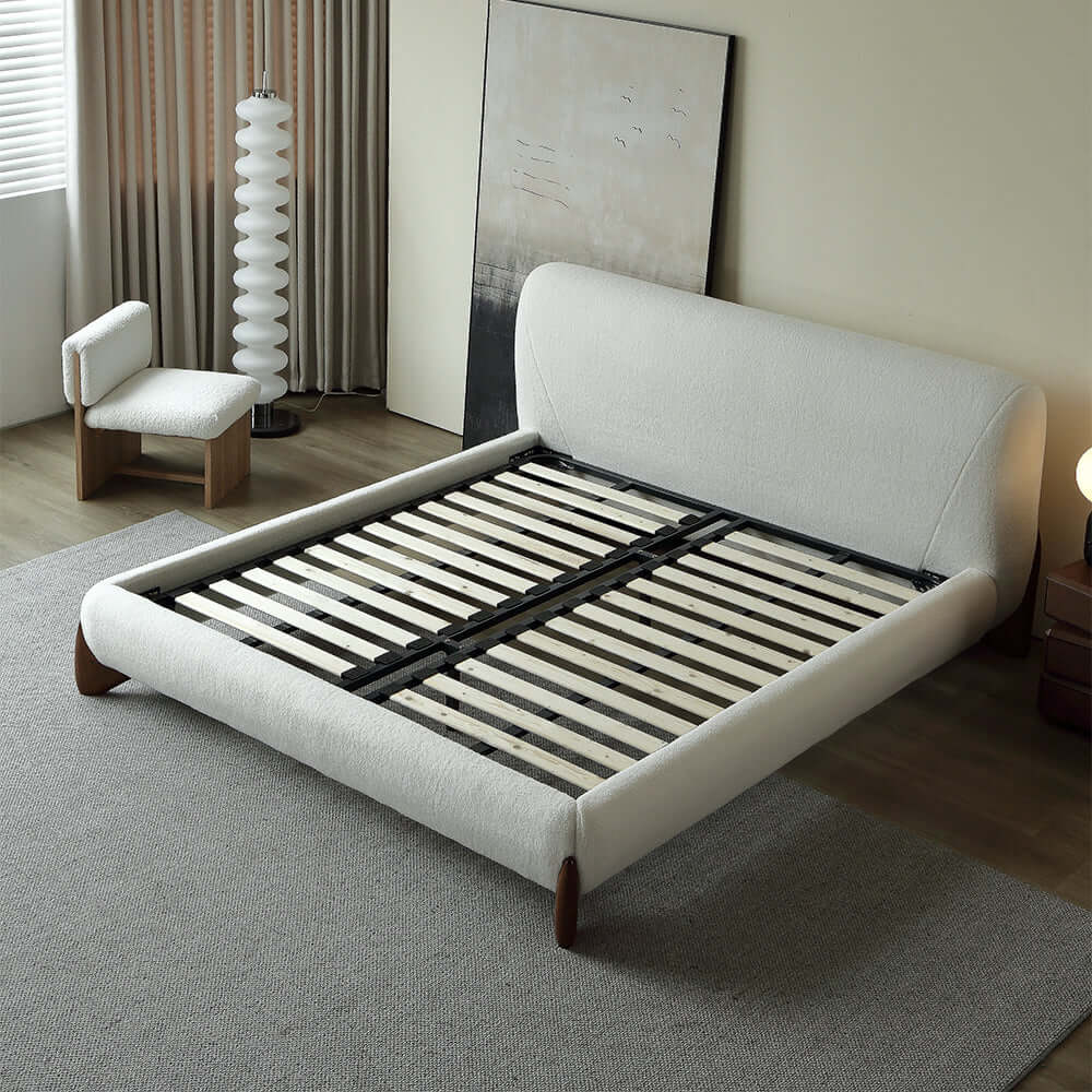 Chic and comfortable king size modern white boucle platform bed with elegant upholstered headboard