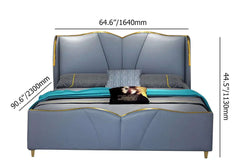 Stylish blue faux leather platform bed with low profile design for queen size bed