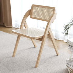 Folding dining chair with Japandi natural design crafted from solid wood and rattan