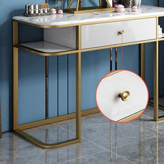 Gold makeup vanity with marble tabletop and metal base, includes chair and mirror