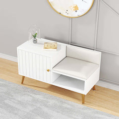 White shoe rack bench with storage cabinet and shelf - modern upholstered hallway organizer