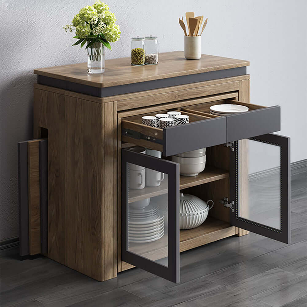 Modern extendable dining table with 4 chairs and rectangle storage sideboard in elegant walnut and gray finish