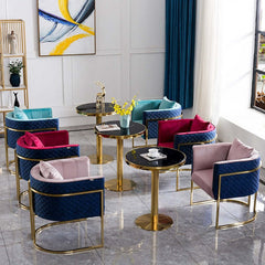 Stylish pink and blue velvet accent chair with stunning gold barrel design