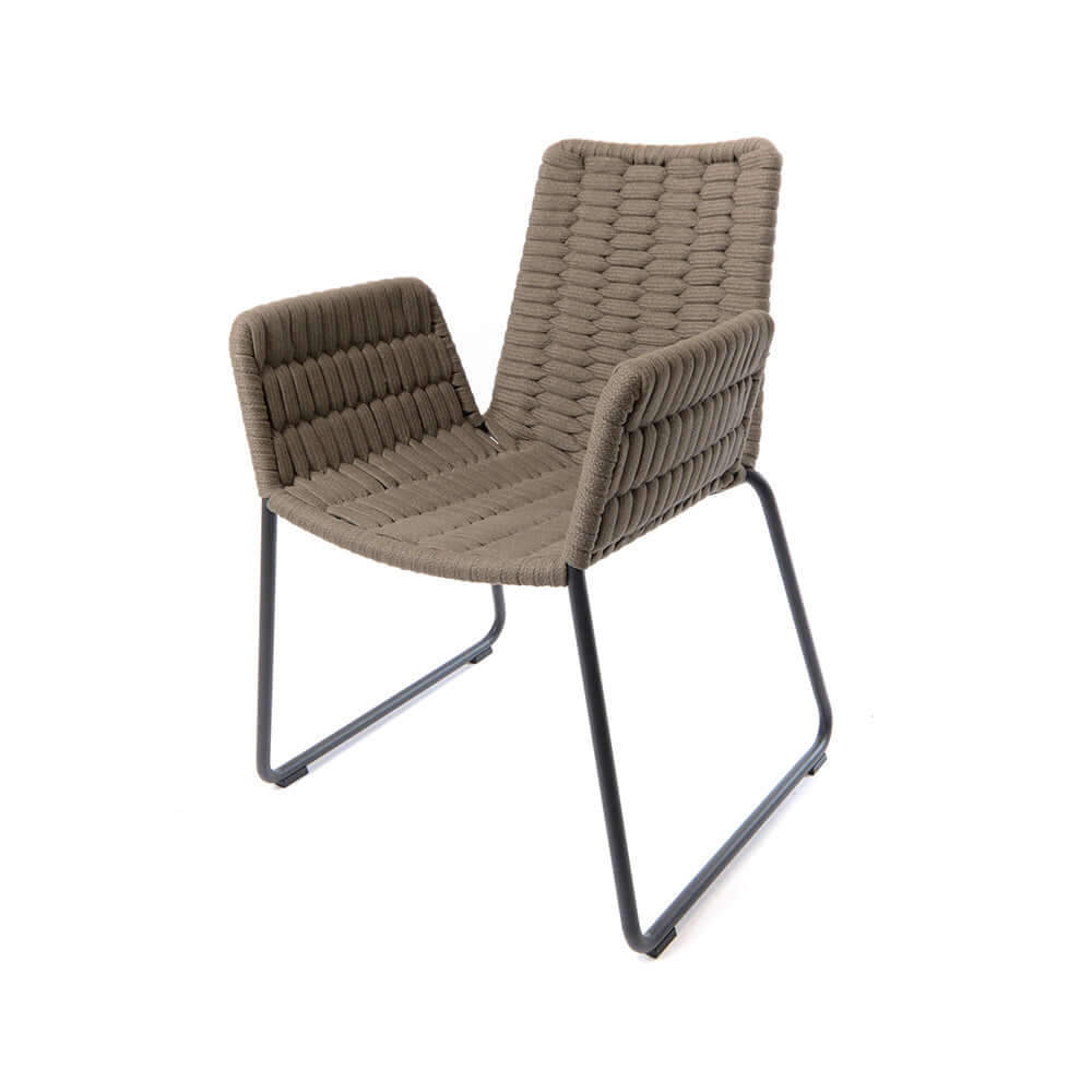 High-quality 7-piece aluminum outdoor patio dining set with a teak wood top table and elegant rope chairs for a sophisticated outdoor setting