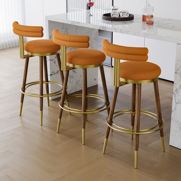 MidCentury Modern Orange Bar Height Stool with Backrest (Set of 2) Velvet Upholstery