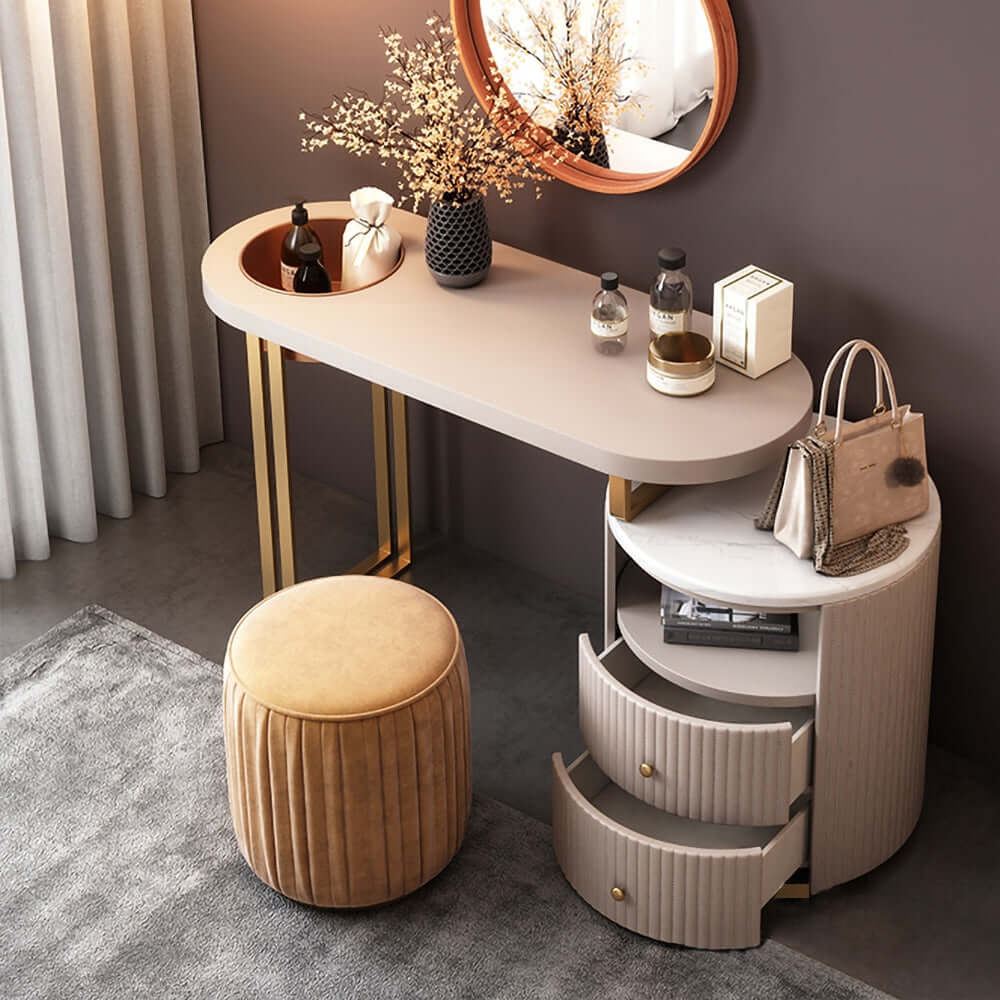 Pink makeup vanity set with drawers and side cabinet, includes mirror and stool メイン画像