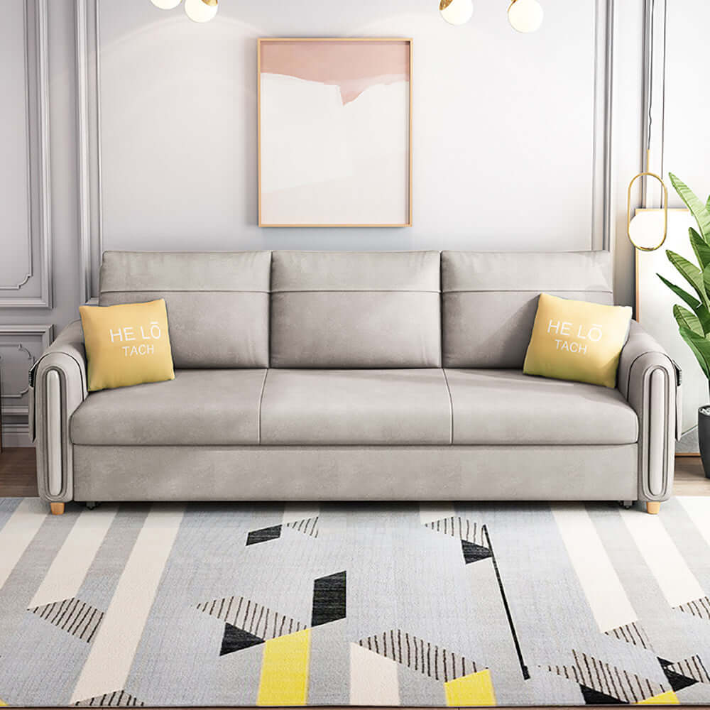 Modern OffWhite Arm Full Sleeper Sofa Bed with Storage & Side Pockets