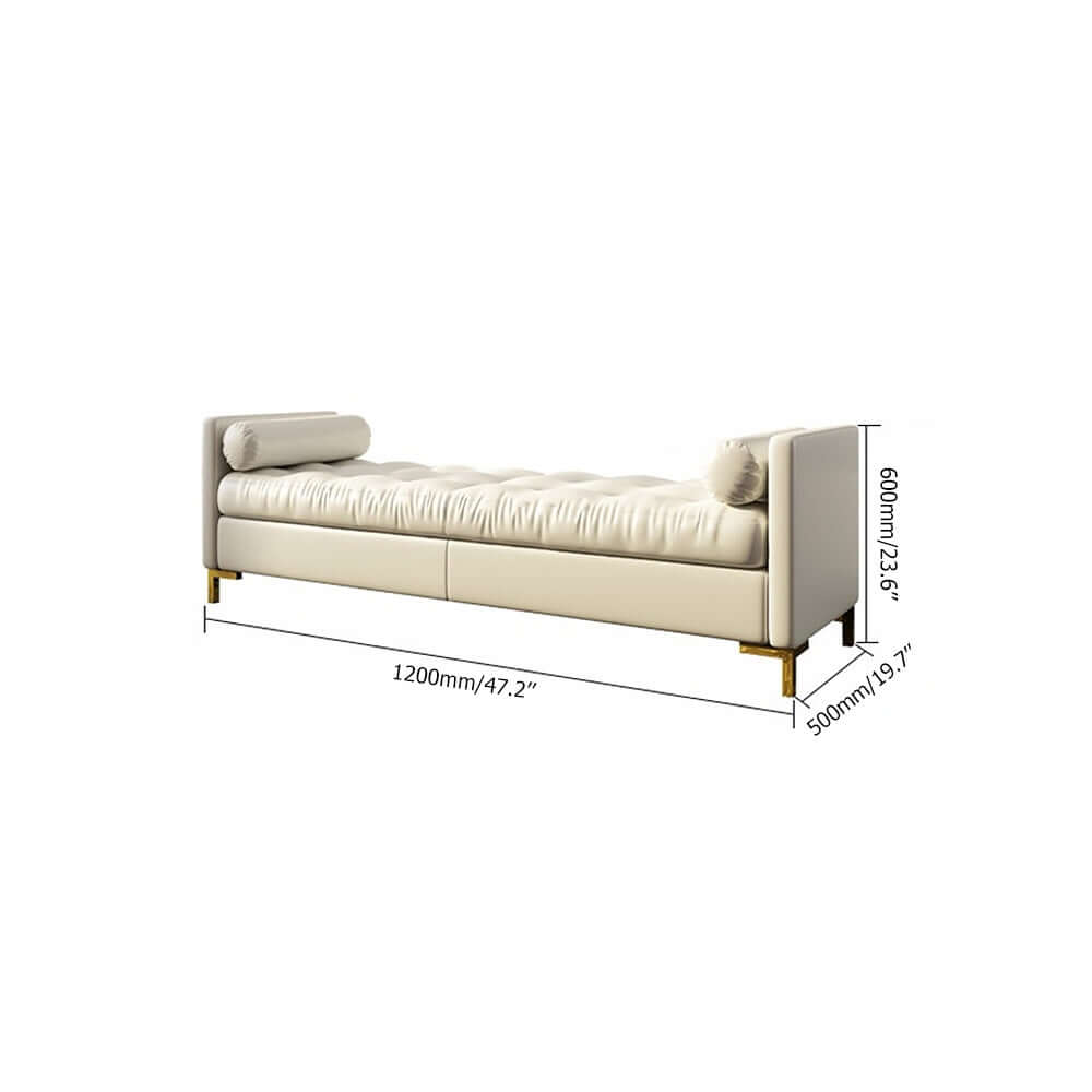 Sophisticated white faux leather tufted bench ottoman with gold leg for entryway and bedroom