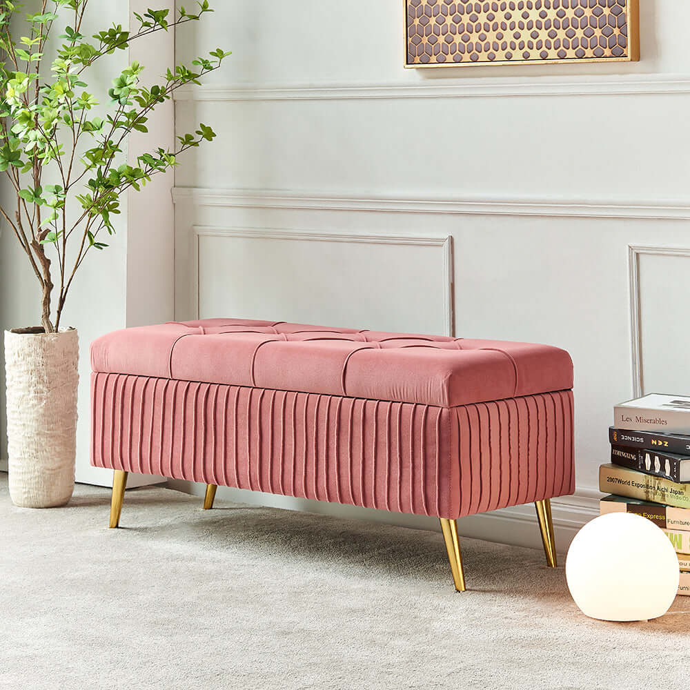 Fashionable gray velvet bench with gold legs for stylish interiors