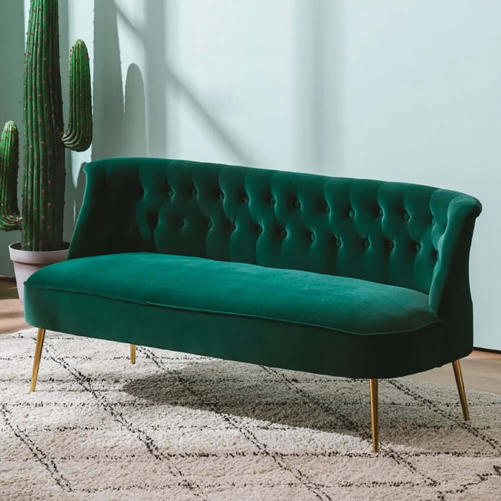 78.7 inch long mid-century green velvet upholstered sofa with button tufted chesterfield back メイン画像