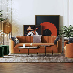 Stylish 88.6-inch curved velvet sofa in bright orange with metallic base