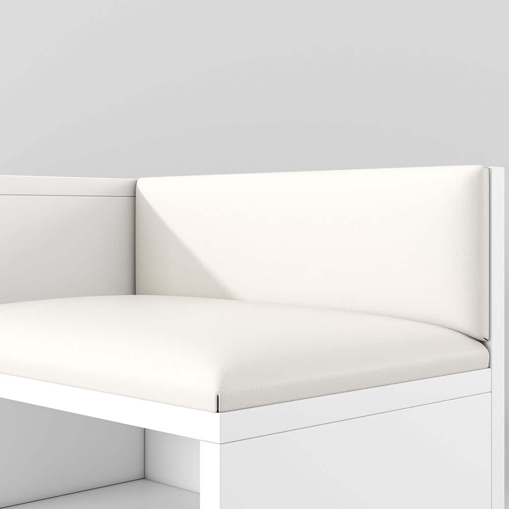 White shoe storage bench with cabinet and shelf - modern upholstered hallway organizer