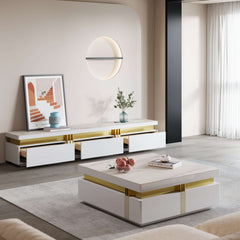 Contemporary white sintered stone coffee table and TV stand set with wood drawers for TV up to 85"