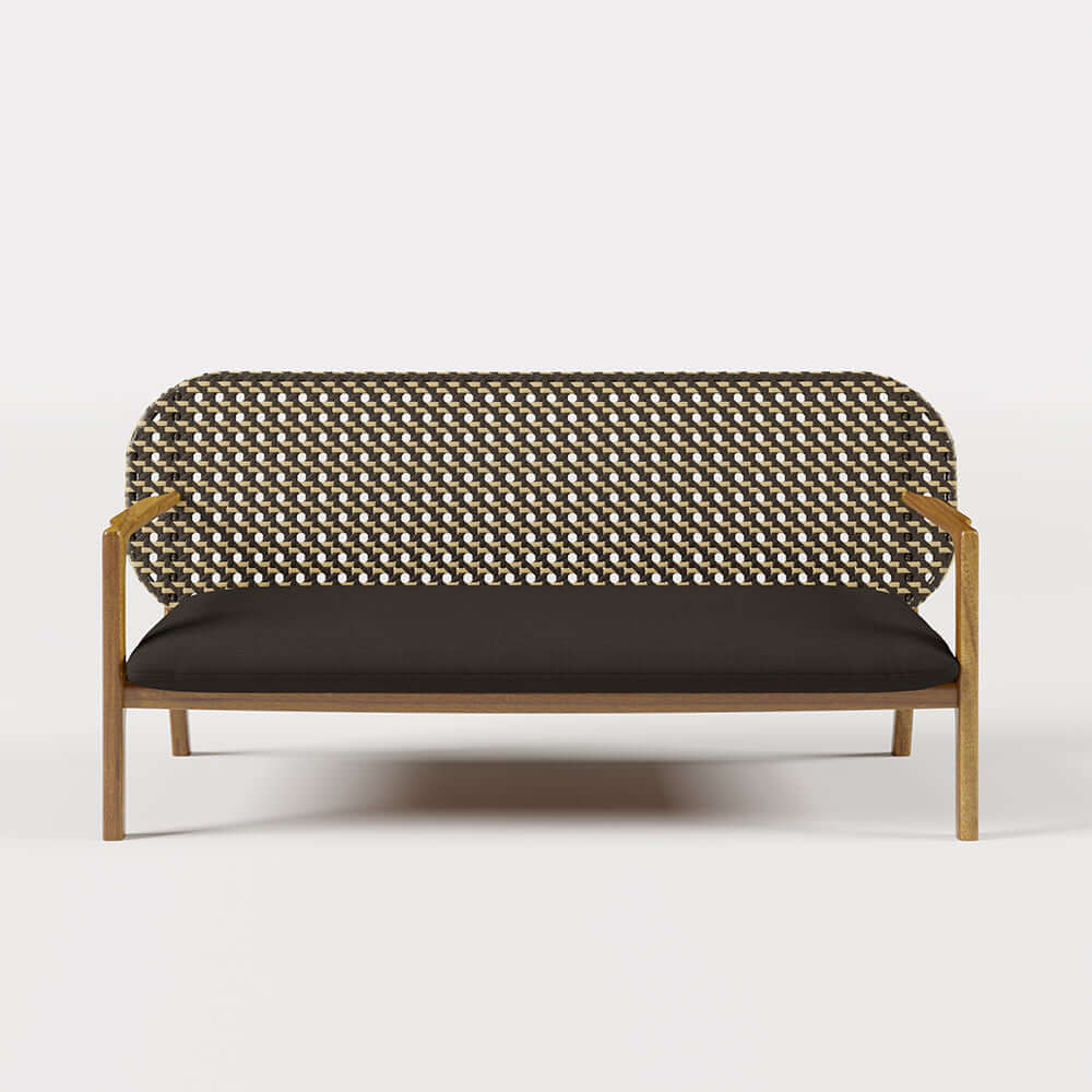 Teak and rattan 3-piece outdoor sofa set with natural wood rocking chair and cushions