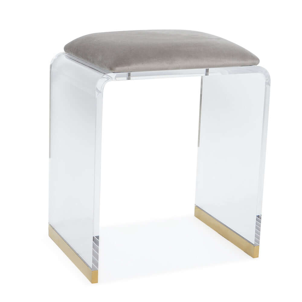 Elegant gray acrylic ottoman vanity stool with clear and gold elements