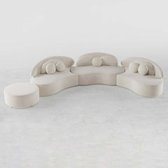 Elegant 7-seat round sectional sofa set in beige velvet with ottoman and decorative pillows