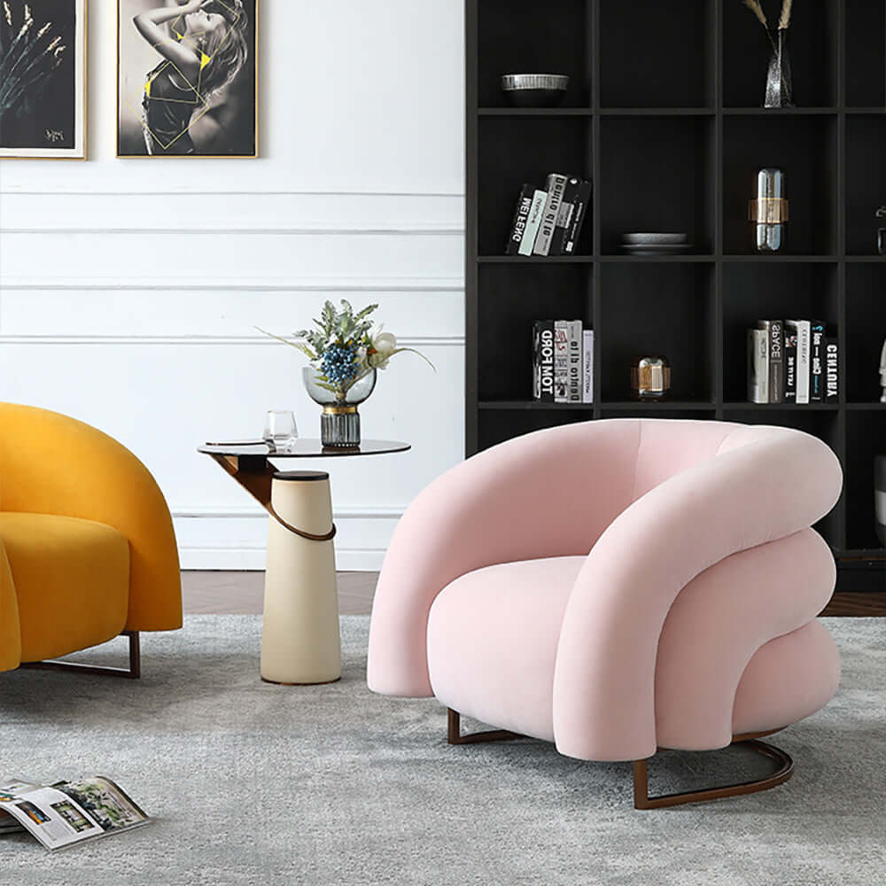 Yellow velvet accent chair with metal base for modern home decor