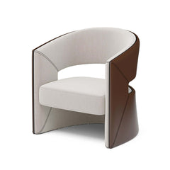 Chic brown and beige solid wood accent chair featuring faux leather upholstery in barrel shaped form